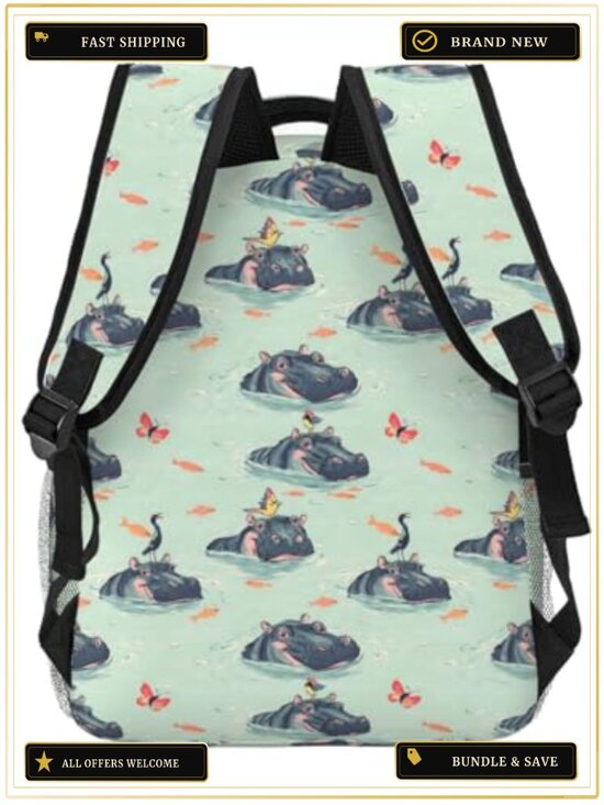 Whimsical Hippo Print Polyester Laptop Backpack Daypack with Padded Straps and main image 5